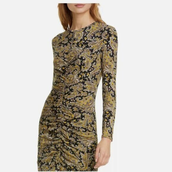 JOIE Aja Long-sleeve Paisley Midi Dress In Golden Hour - L - Picture 2 of 8